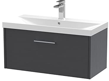 Hudson Reed JNU2225D Juno Modern Bathroom Wall Hung Single Drawer Vanity with Thin-Edge Ceramic Basin, 800mm, Woodgrain Graphite Grey