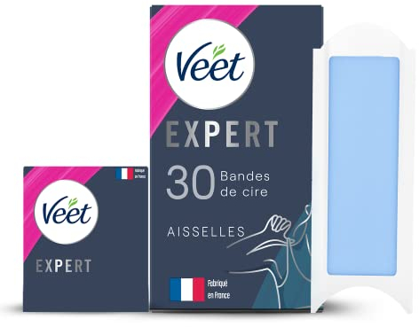 Veet EXPERT - 30 Bandes de Cire Froide Aisselles - Peaux Sensibles - Finition Parfaite - Epilation Longue Durée