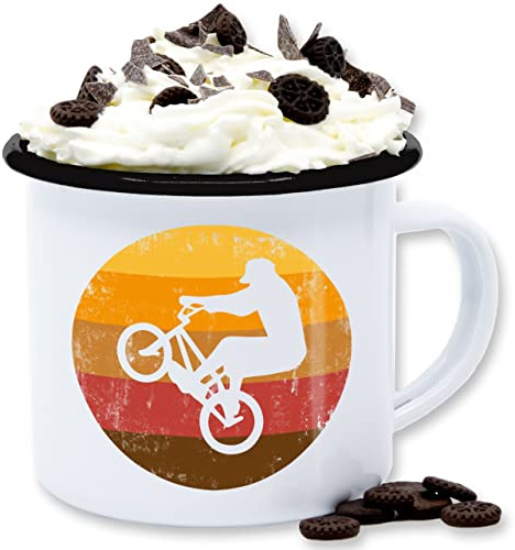 Emaille Tasse Blechtasse - Deko Hobby - Radsport Geschenk BMX Fahrer Geschenk Radfahrer I - 300 ml - Weiß Schwarz - rad mtb fahrrad downhill fahrradmotiv mountainbike für fahrradfahrer vintage