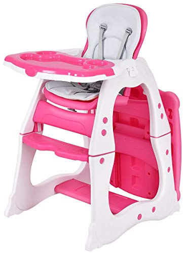COSTWAY Baby High Chair, Convertible Highchair Booster Seat with Reclining Backrest, 5 Point Harness and Adjustable Feeding Tray, Table Chair Set for Babies and Toddlers (Red)