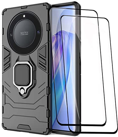 GOKEN Coque pour Honor X9a / Magic5 Lite 5G (Magic 5 Lite 5G) + 2 Verre Trempé, Antichoc Housse Protection Etui ave Anneau Rotation de 360 ° Degres, PC/TPU Bumper Armor Protection Case Cover, Noir