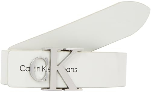Calvin Klein Damen Gürtel Monogram Hardware 3.0 cm Ledergürtel, Schwarz (Black), 75 cm, Beige (Icicle), 80 cm