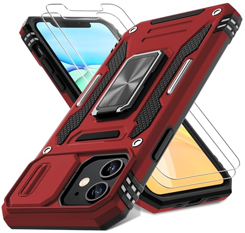 DEERLAMN Case for iPhone 11 with Slide Camera Cover+Screen Protector(2 Packs),Rotated Ring Kickstand Military Grade Shockproof Protective Cover-Red