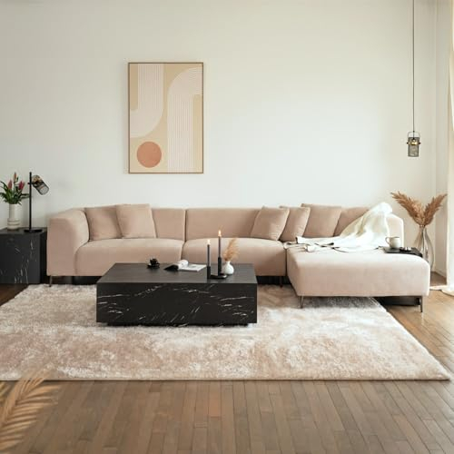 Home Deluxe Ecksofa Torino - Farbe: Beige, Ausführung: Rechts - 344 x 74 x 178 cm I Samtsofa, Sofa, Wohnlandschaft