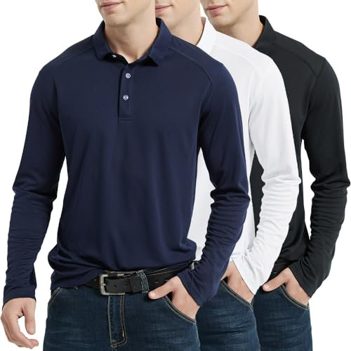 HUAKANG 3Pack Long Sleeve Polo Shirts Mens Wicking Quick Dry Golf Tennis Top Gym Running Sports T Shirts 0508-Black White Navy-L