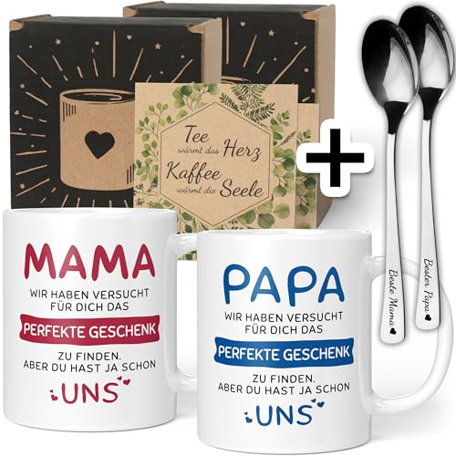 Orange9 Geschenkset Mama Papa Geschenke mit Löffel - Mama Papa Geschenk Weihnachten – Mama Papa Tasse mit Spruch – Mama Papa Löffel Geschenkideen (Keramik 330ml)