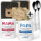 Orange9 Geschenkset Mama Papa Geschenke mit Löffel - Mama Papa Geschenk Weihnachten – Mama Papa Tasse mit Spruch – Mama Papa Löffel Geschenkideen (Keramik 330ml)
