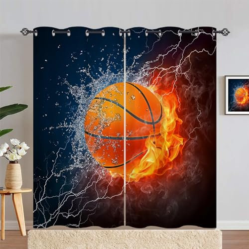 ANHOPE Sport Thema Flamme Basketball Vorhänge mit Ösen Kinder Jungen Mädchen Gardinen Blickdichte Thermo Vorhang Blackout Curtain Schlafzimmer Wohnzimmer Verdunklungsvorhänge 2er Set H 229 x B 168 cm