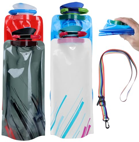 JOLIGAEA 4 Stück 700ML Zusammenklappbare Flexible Trinkflasche, Faltbare Wasserflaschen, Wiederverwendbare Wasserflasche mit Schraubverschluss, Tragbarer Faltbarer Wassersack für Wandern Abenteuer