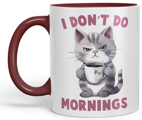 Vixar I Don't Do Mornings Cats Sarcastic Joke Ceramic Coloured Mug Cup for Tea Coffee Hot Brew 330ml 11oz (Maroon)