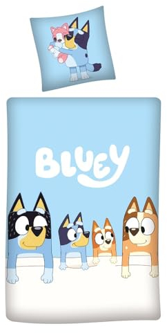 Bluey Bettwäsche Set 2-teilig 135x200 80x80 cm - Helle Kinderbettwäsche aus 100% Baumwolle mit Reißverschluss - Wendemotiv mit Streifen Bluey Bingo Bandit und Chilli - Maschinenwäsche, Öko-Tex