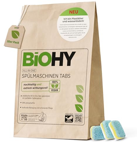 BiOHY All-in-One Dishwasher Tabs (30 Tabs) | Phosphate-Free | For Daily Cleaning of Crockery & Cutlery | Against Stubborn Grease & Food Leftovers | Powerful Eco Dishwasher Tablets