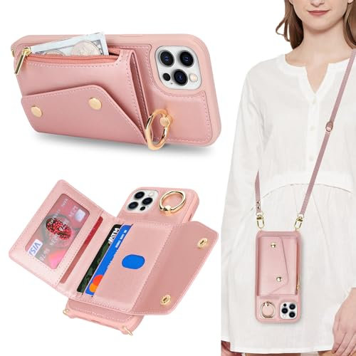 Lipvina Cover per iPhone 12/12 Pro con cordino Porta Carte Custodia iPhone 12/12 Pro con cerniera cordino Ring portafoglio donna - Rosa