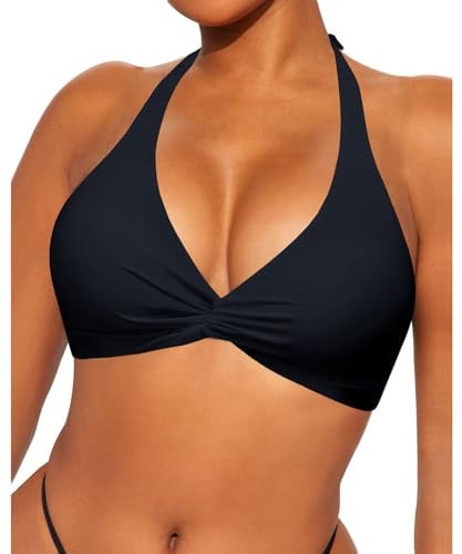 Coloquin Women Push Up Bikini Top Halter Triangle Bikini Swimming Tops Padded Swimwear Black L