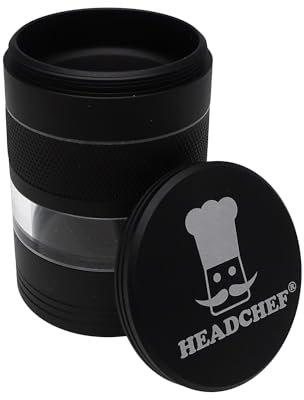 Headchef Vision 5 Piece Metal Herb Spices 55mm Grinder with Extra Storage, Super Sharp Teeth, Sifter and Magnetic Top (Pitch Black)