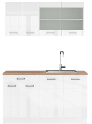 Vicco Singleküche R-Line, Küchenzeile Single, Weiß Hochglanz/Weiß, 140 cm, AP Eiche