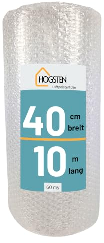 HOGSTEN Luftpolsterfolie Rolle 10m x 40cm - Noppenfolie für Versand, Verpackung und Umzug -100% recycelbar - Bubble Wrap Polstermaterial Verpackungsmaterial 60my (0,4m x 10m)