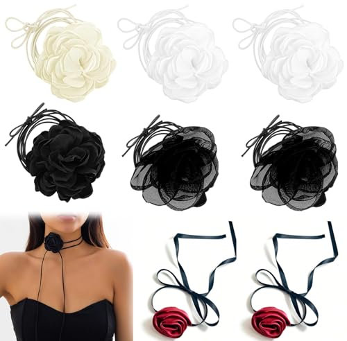 VireEyU Collier Ras du Cou avec Fleur pour Femmes et Filles-Collier en Velours Réglable avec Grand Pendentif en Forme de Rose-Parfait pour Fête de Mariage,Anniversaire,Bal de Fin d'année (8 Pièces)