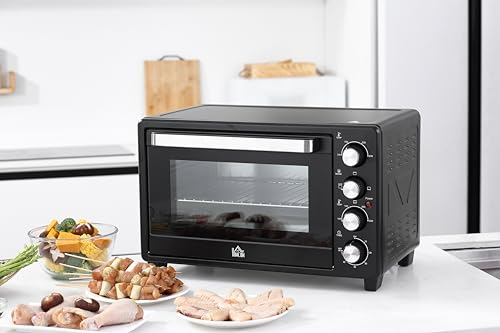 HOMCOM Mini four 32L Mini four avec grille, plaque de cuisson, 3 modes de cuisson 100 °C-230 °C température réglable Four à pizza avec minuterie acier inoxydable noir