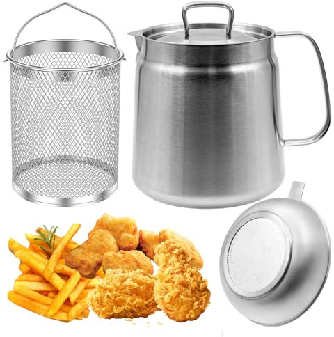 Freidora de 2 L, olla de filtro de aceite de acero inoxidable 304 con colador y cesta de freidora profunda para cocina, contenedor de grasa multifunción