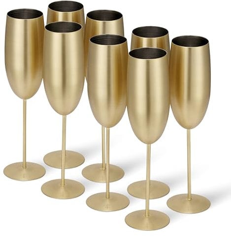Oak & Steel - 8 Stainless Steel Champagne Flutes - Camping Wine Glasses - Picnic Champagne Flutes - Solid & Unbreakable - Outdoor Parties, Picnic, Beach & Pool - Gold Matte, 285 ml