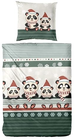 Carpe Sonno Warme Biber Bettwäsche 155x220 Baumwolle Panda Tier - Weihnachten Set 2 teilig Kissen und Decke | Flanell Bettwäsche 155x220 Winter | Biber Bettbezug | Winterbettwäsche kuschelig