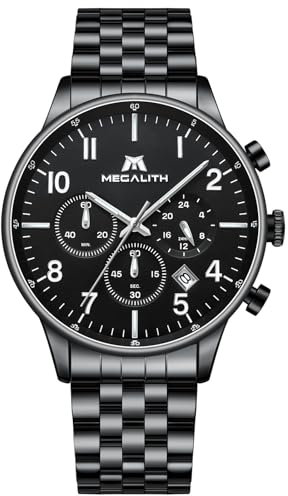 MEGALITH Armbanduhr Chronographen Uhren Herren: Schwarz Edelstahl Quarzuhr Analog - Wasserdicht Männer Uhren