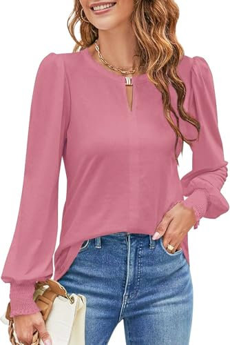 NAIOSS Camicia da Donna con Scollo a V, Elegante Donna Manica Lunga Blusa, da Lavoro Casual Sciolto Top T-Shirt - Tinta Unita (Rosa/L)