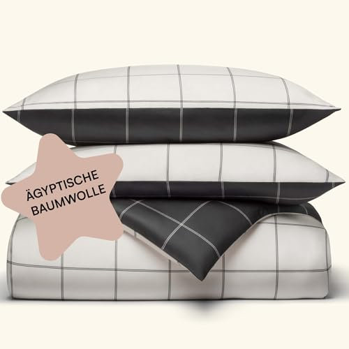 Amqua Mako Satin Bettwäsche 135x200 cm kariert (Beige Anthrazit) | Wendebettwäsche 135x200 Baumwolle inkl. Kissenbezug 40x80 | ägyptische Baumwolle Bettwäsche Satin