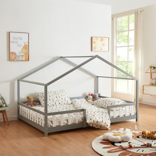 [en.casa] Kinderbett Treviolo Hausbett 120 x 200 cm Holzbett für Kinder mit Rausfallschutz Montessori Bettgestell mit Lattenrost Kiefernholz Grau