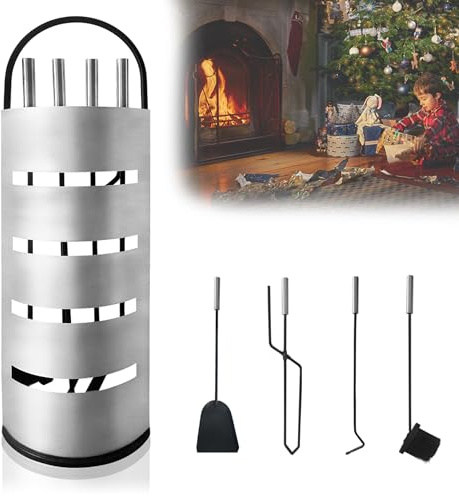 QEENTOE 5-teiliges Kaminbesteck Kaminzubehör Mit Kaminzubehör Schaufel Besen Kaminzange Schürhaken Kaminbesteck Modern Silber