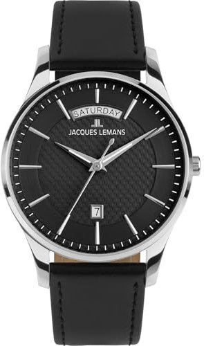 JACQUES LEMANS Herrenuhr London mit Lederband Schwarz 1-2193A