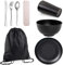Camping Besteck Set,Tragbares Camping Geschirr Set,Wiederverwendbarer Leichter Becher,Schalen,Teller und Edelstahlbesteck,mit Tasche,Ideal für Outdoor,Picknick und Reisen