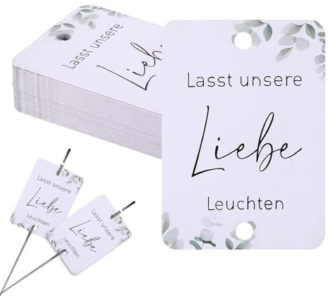Wunderkerzen Hochzeit Etiketten Weiß – Stilvolle Gastgeschenke Hochzeit für Sternspritzer & Knicklichter, mit „Lasst unsere Liebe leuchten“-Motiv, Ideal für Hochzeit Dekoration & Fotoaufgaben
