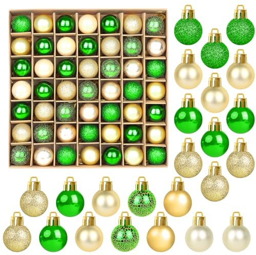 SULOLI Mini Christmas Tree Baubles,49PCS Mini Shatterproof Decorative Hanging Ornaments Balls Christmas Tree Decor(Green&Gold)