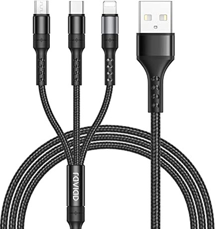RAVIAD Multi Cable de Carga Largo [3M], 3 en 1 Cable Cargador Multiple Nylon Cable USB con USB Tipo C Lightning Micro interfaz de Cargador Carga Rápida para iPhone, Samsung, Kindle - Negro