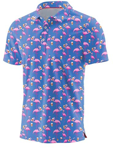 QIXING Polo de golf d'été pour homme - Imprimé anti-humidité - Manches courtes - Séchage rapide - Hauts de golf décontractés, F06 Flamant rose bleu, M
