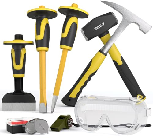 INCLY 8PCS Geology Rock Pick Equipment Kit, 3lb Sledge & 32oz Rock Hammer with 3PCS Concrete Chisel, Safety Goggles, Jewelers Loupe, Rock Hounding Equipment for Splitting, GoldMining, Stone Breaking