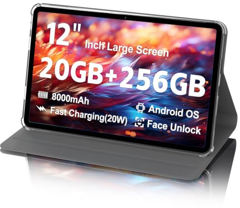 2025 Android Tablet, 12 Inch Large Screen Tablet with Case, 20GB RAM 256GB ROM, T616 2000x1200 Touchscreen, 5MP+15MP Dual Camera, Type-C Port, Charging Stand