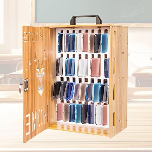 Clickovia 36 Slot Wooden Phone Locker Cabinet with Lock and Handle, Wall Mounted Phone Safe Storage Box, Mobile Phone Lock Box for Classroom Office Exam Use