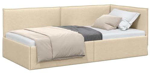 vidaXL Eckbettgestell mit Kopfteil Creme 90 x 190 cm Stoff, Modernes Schlafzimmer-Setup, rechteckiges Eck-Tagbett, platzsparendes Möbel, vielseitiges Schlafsofa für kleine Räume