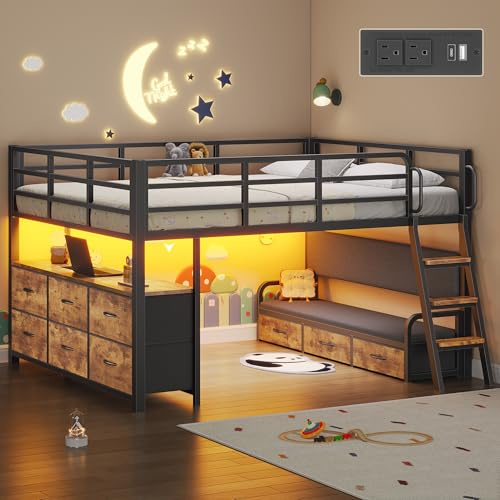 Dnxao Low Loft Bed Twin with Desk,9 Storage Drawers,Twin Bed Frames for Kids with 15.8 H Safety Guardrail,Kids Loft Bed with LED Lights and Charging Station,Inclined Ladder,Spave Saving,Rustic Brown