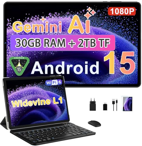 2026 Tablet 10 Pulgadas Android 15, 30GB RAM + 2TB TF, Gemini AI, Octa-Core, 5G WiFi 6, Widevine L1, GMS, GPS, BT 5.0, 6000mAh, 5+8MP, 3.5mm Audio, FHD Tablet con Teclado + Ratón + Funda, Negro