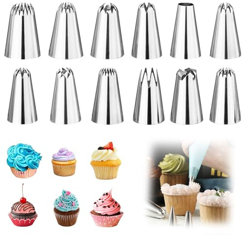 12 Stück Spritztüllen Groß Set, SpritztüllenSet Profi Edelstahl, Wiederverwendbar Tüllen für Spritzbeutel für Kuchen, Torten, Keks-Dekoration, Cupcakes