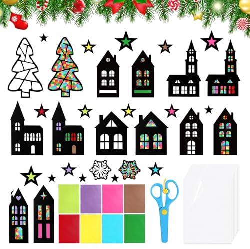 CPKONUUIP 15 Weihnachten Basteln Fensterbilder, fensterbilder weihnachten basteln, Bastelset kinder, Haus,Weihnachtsbaum, terne, Bunte Deko, für DiY Fenster Deko