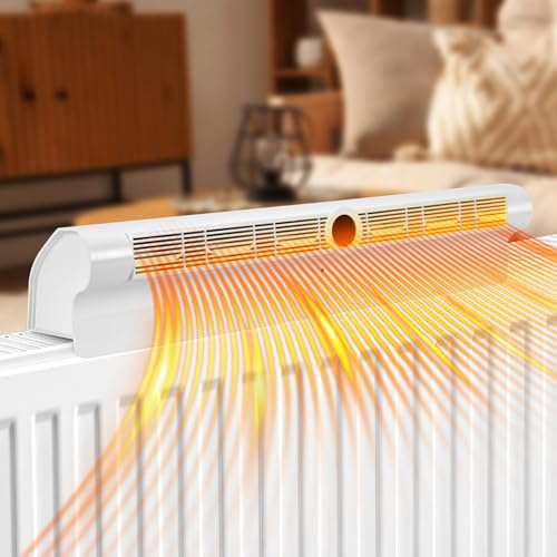 Cecaylie Heizkörper Ventilator Weiß - Energieeffizienter Wärmeverteiler mit 6 Lüftern, Automatischer Ein/Aus-Funktion, 3-Stufen-Regelung, RGB-LED und Fernbedienung für Schnelle Wärmeverteilung