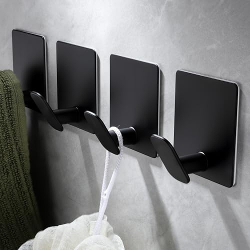 ZUNTO Ganchos Adhesivos de Pared, 4 Piezas Impermeables para Baño y Cocina | Negro Mate, Ganchos sin Taladrar, Resistentes al Agua para Colgar Toallas, Accesorios de Baño y Utensilios de Cocina