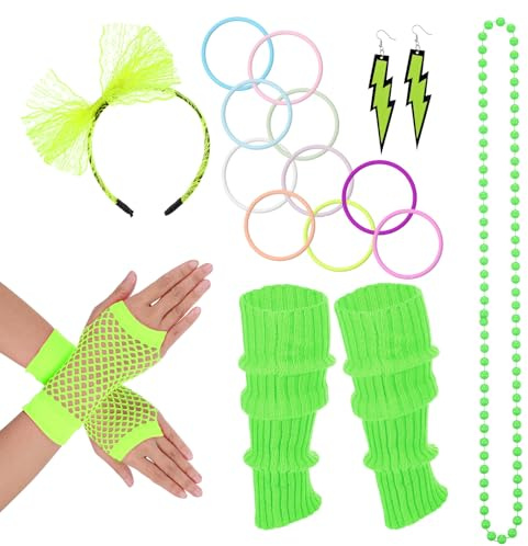 Wanmu 80er Jahre Kostüm Zubehör Set für Damen, 6 Stück Retro 90er Thema Party Outfit Accessoires Stirnband Blitz-Ohrringe Armband Fischernetz-Handschuhe Halskette Neon Beinwärmer (Grün)
