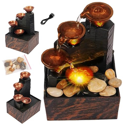 Tabletop Fountain with Lights 6.7x4.4x3.6'' Tabletop Water Fountain with Pebbles USB or Battery Powered Mini Water with Sound for Table Office Home Bedroom, Table