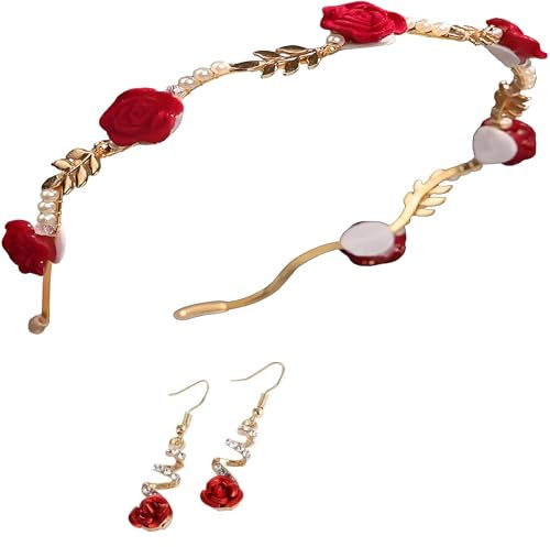 ZWWOGE Parure de Bijoux Roses Rouges, Serre-tête à Perles, Boucles d Oreilles Roses et Bandeau à Cristaux, Coiffure Élégante pour Mariage